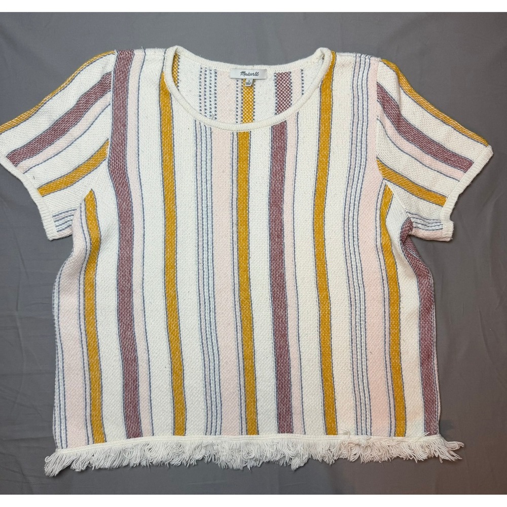 Madewell Women Large Striped Short Sleeve Sweater Fringe Hem Ivory Multicolor